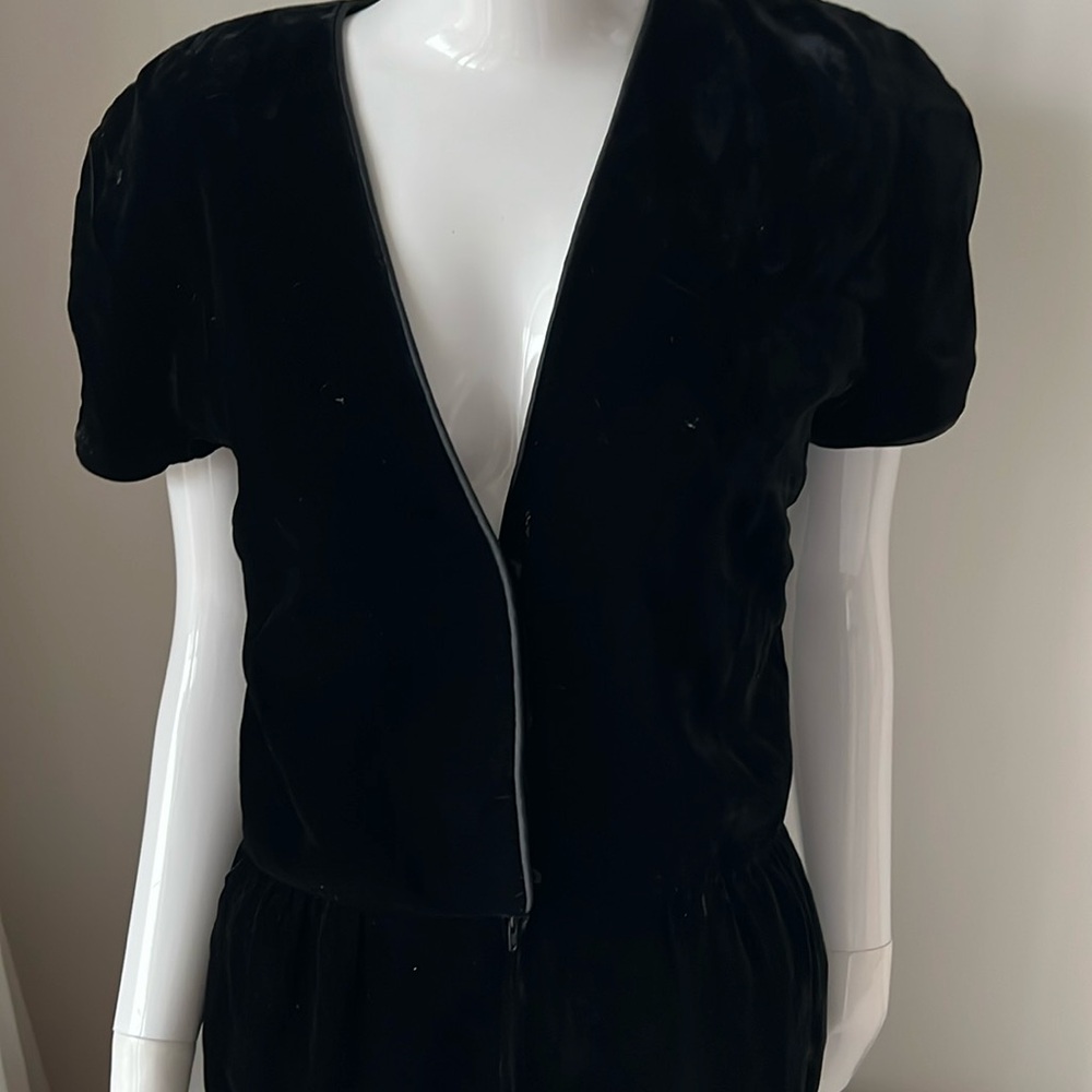 Giorgio Armani long velvet dress zipper in front with 4 small snaps and 1 hook.